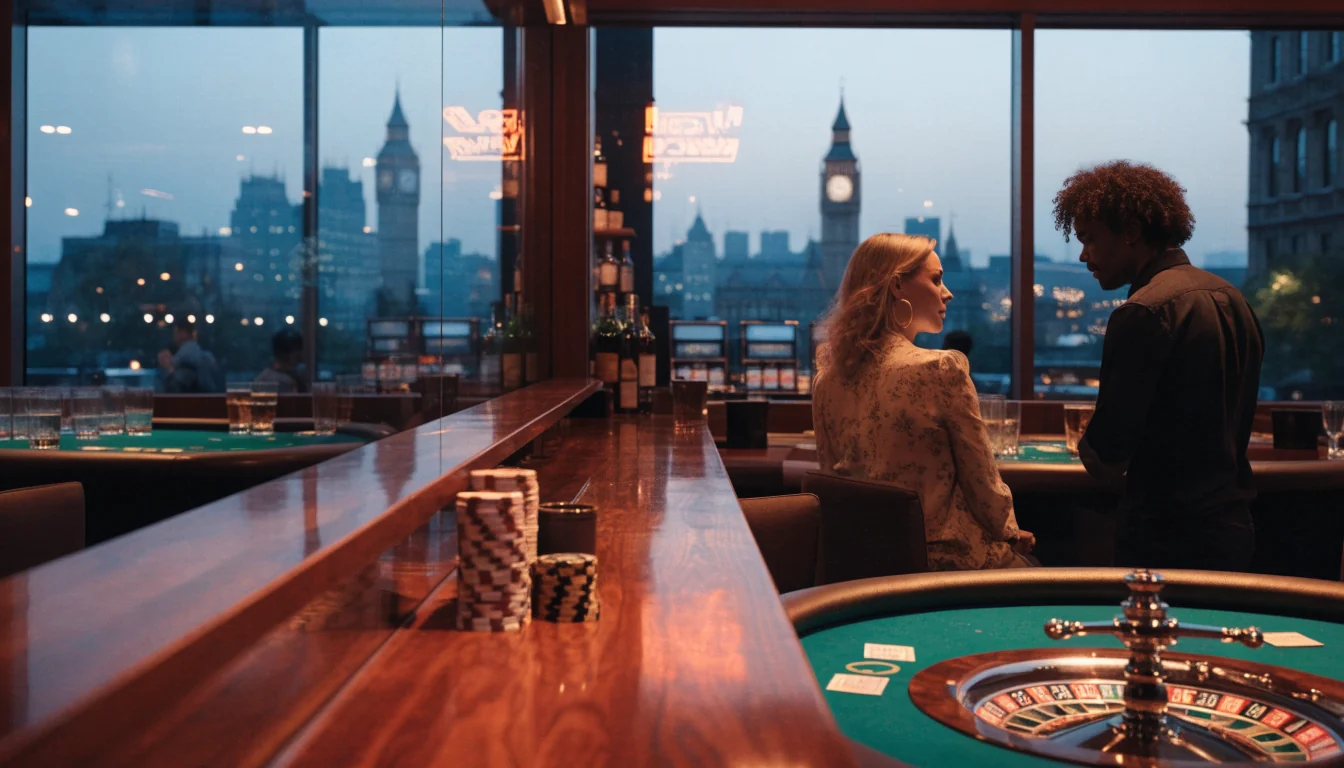 Stylish London casino lounge with roulette wheel and city skyline at dusk