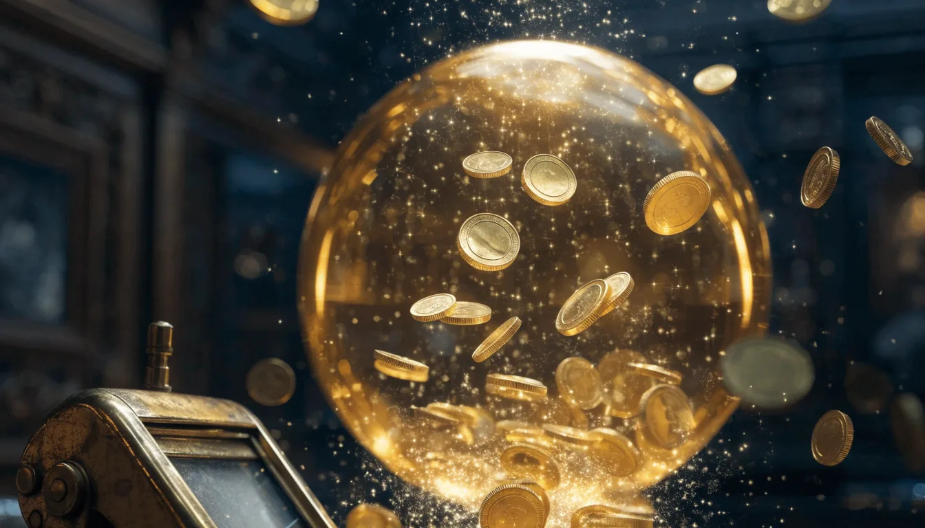 Golden coins rising into a glowing jackpot sphere beside a vintage slot lever