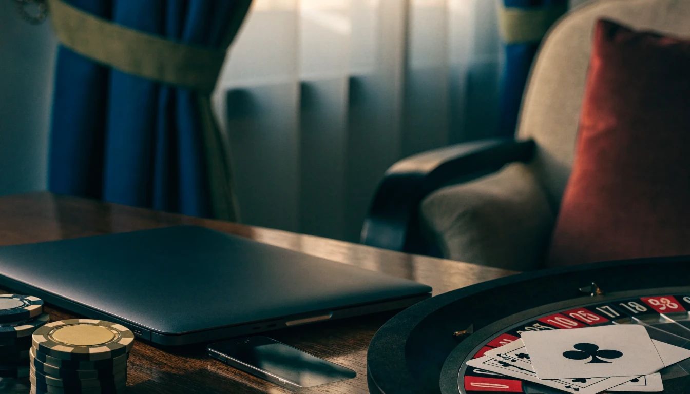 Premium UK casino review scene with closed devices and casino objects