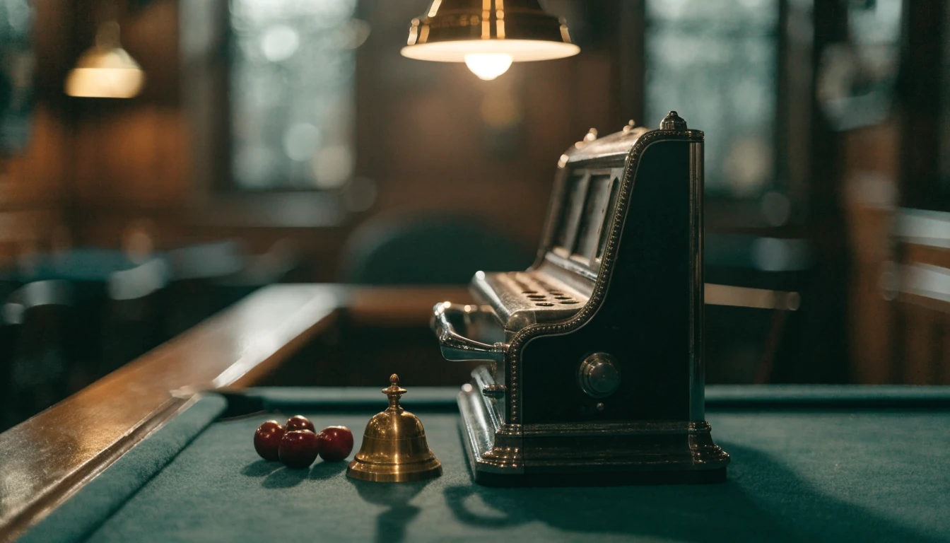 Classic British fruit machine on a pub counter with cherries and bell.