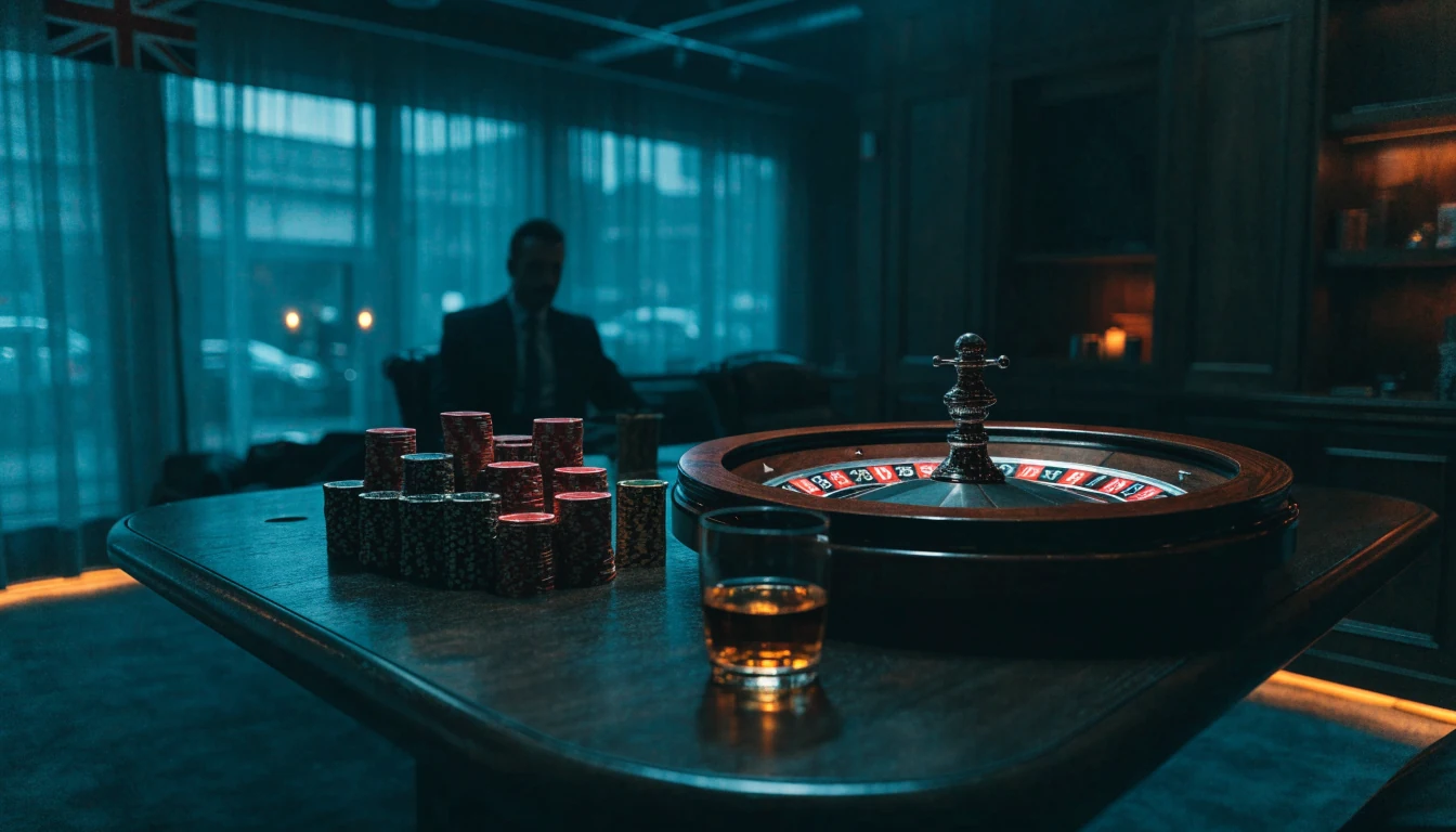 Stylish British casino table scene with roulette wheel and chips