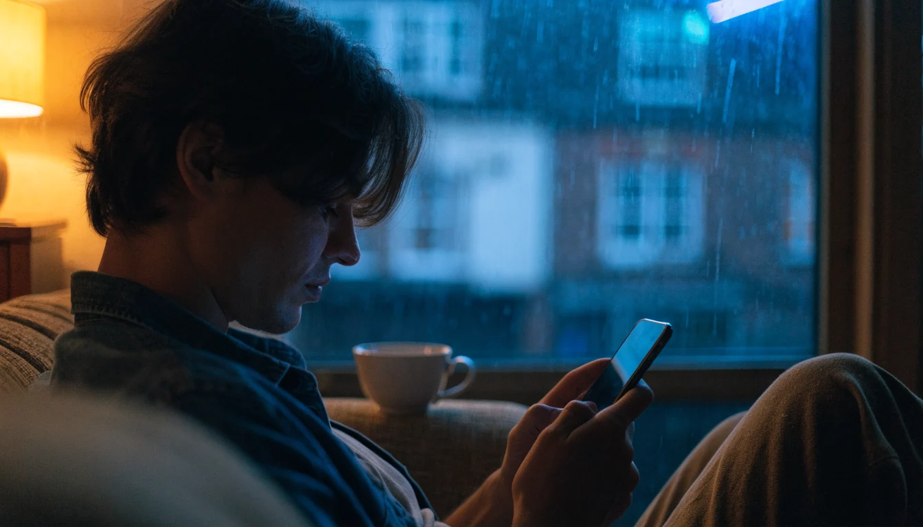 Person relaxing on sofa with smartphone at night in a UK home, slot screen not visible