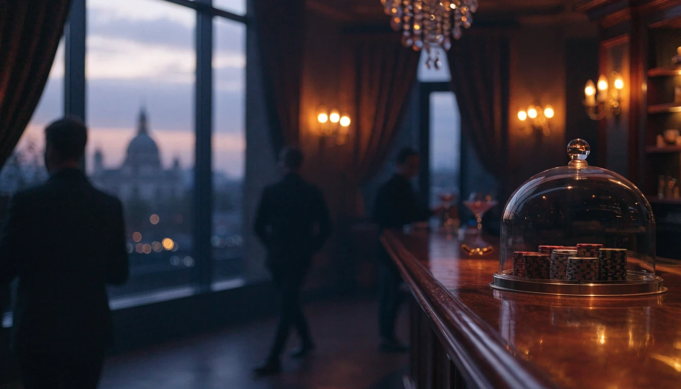 Stylish London casino lounge with chips and golden horseshoe at dusk