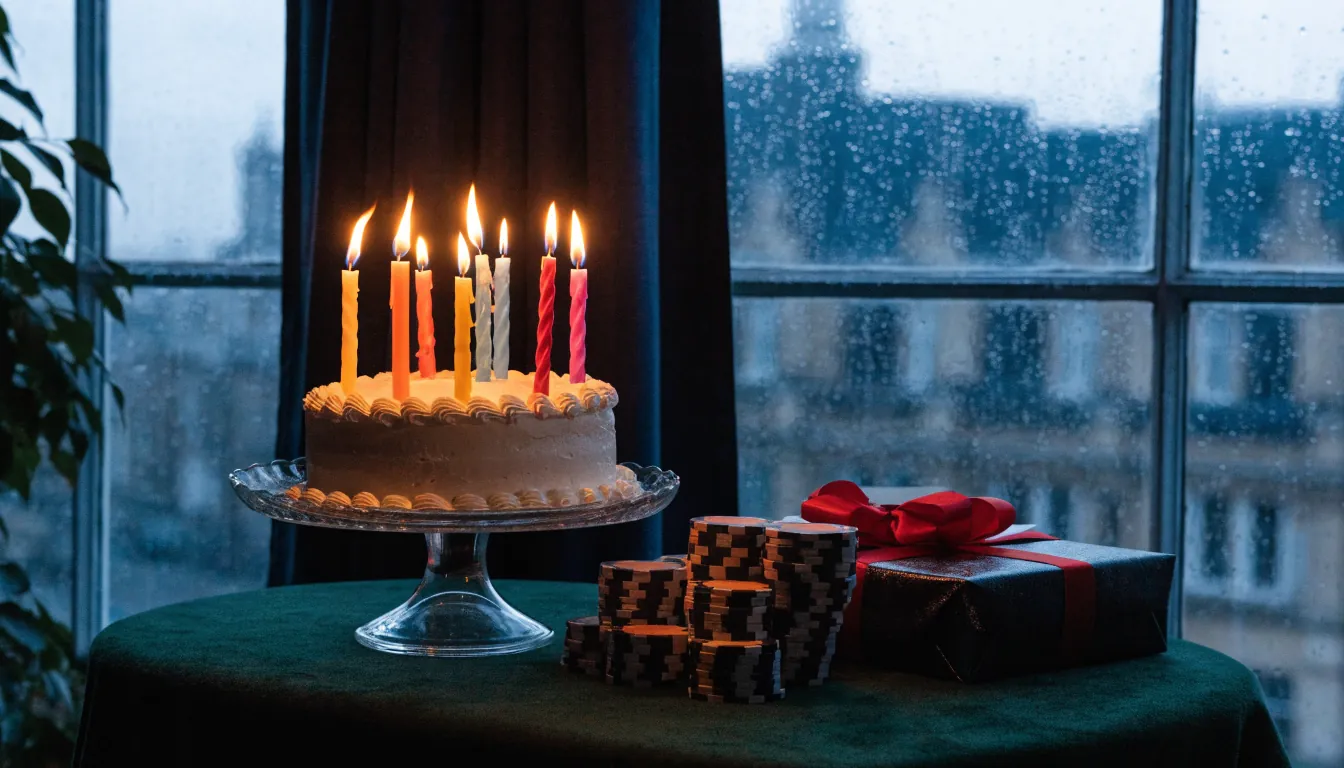 Birthday cake, casino chips and gift box in a British setting