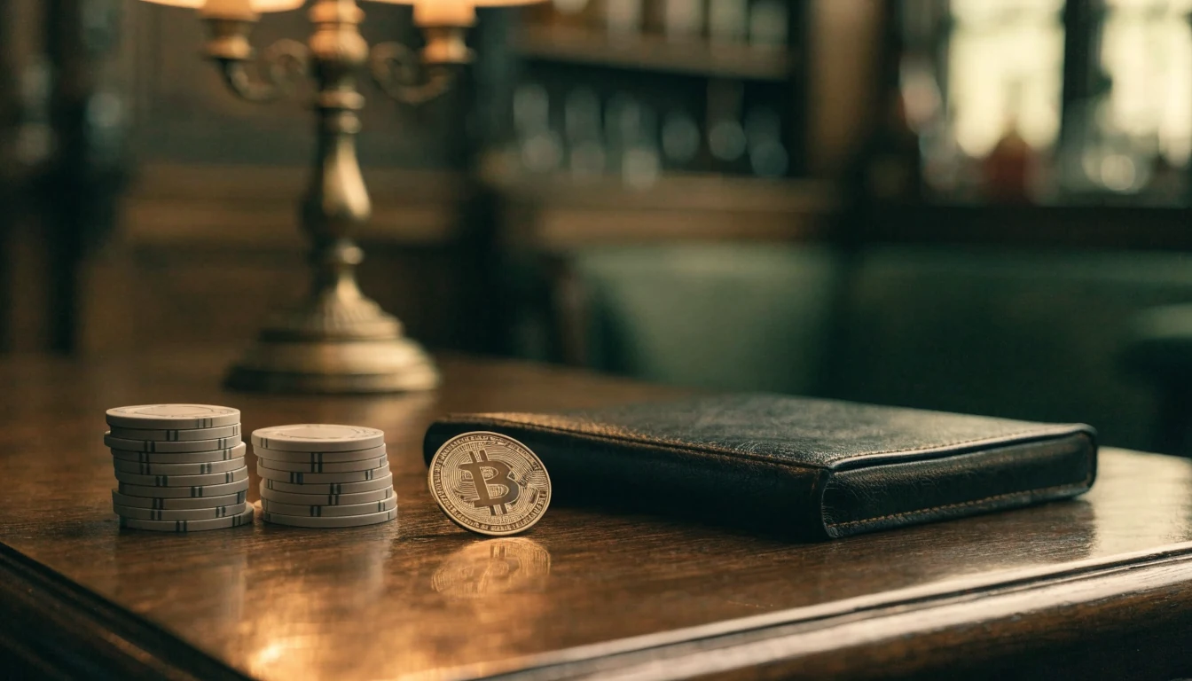 British pub table with casino chips and a golden Bitcoin Cash coin