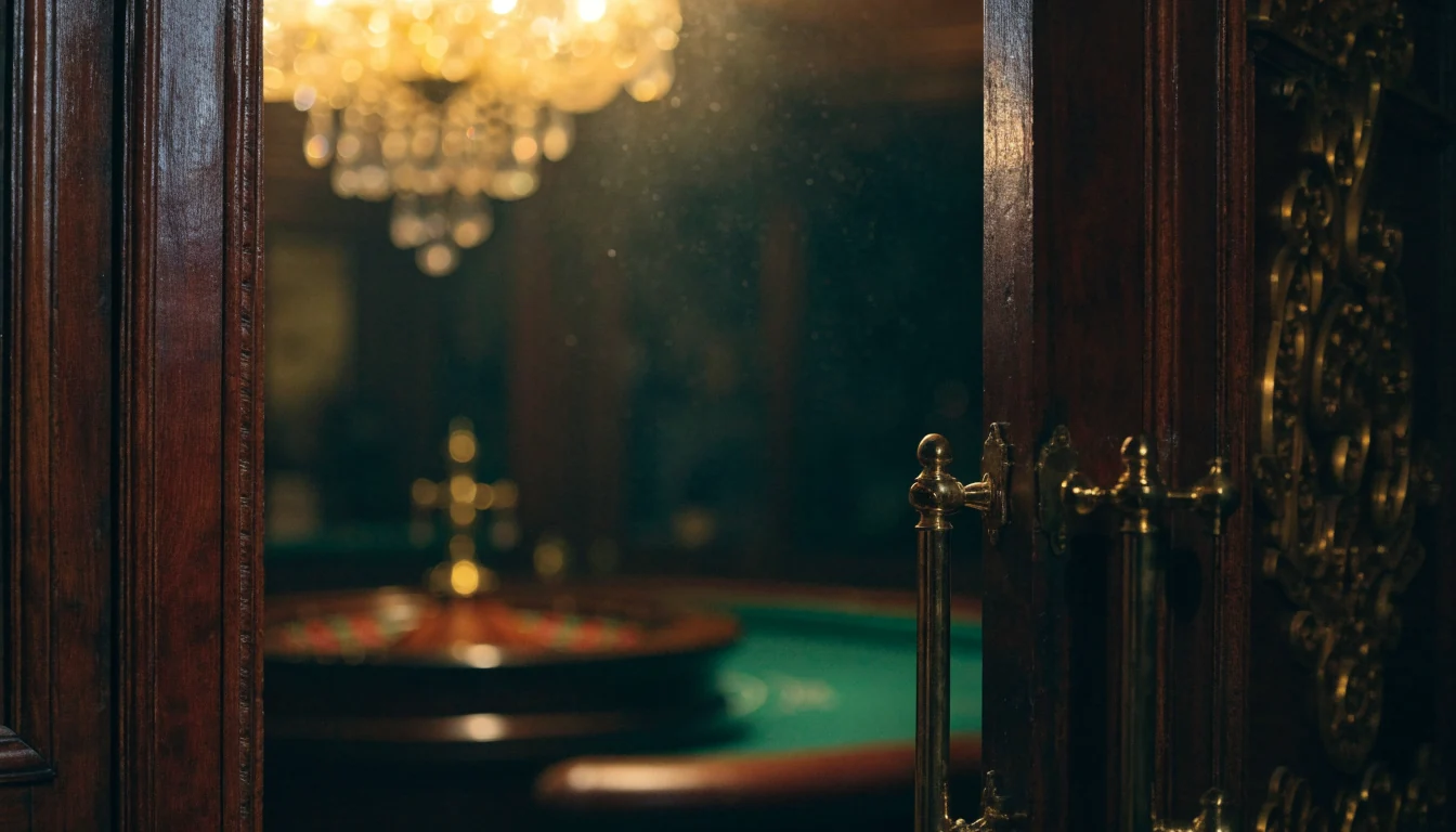 British casino interior threshold with brass doors, warm chandelier light, and roulette wheel visible beyond