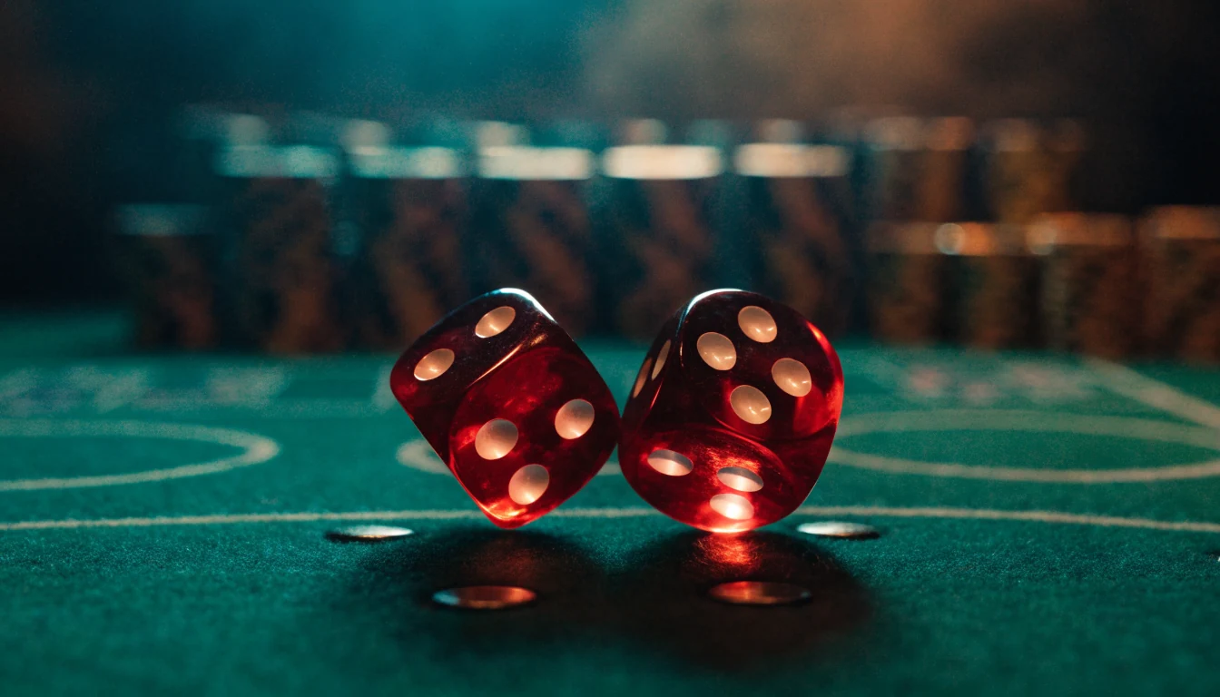 Red translucent casino dice rolling on a green felt table under warm ambient lighting