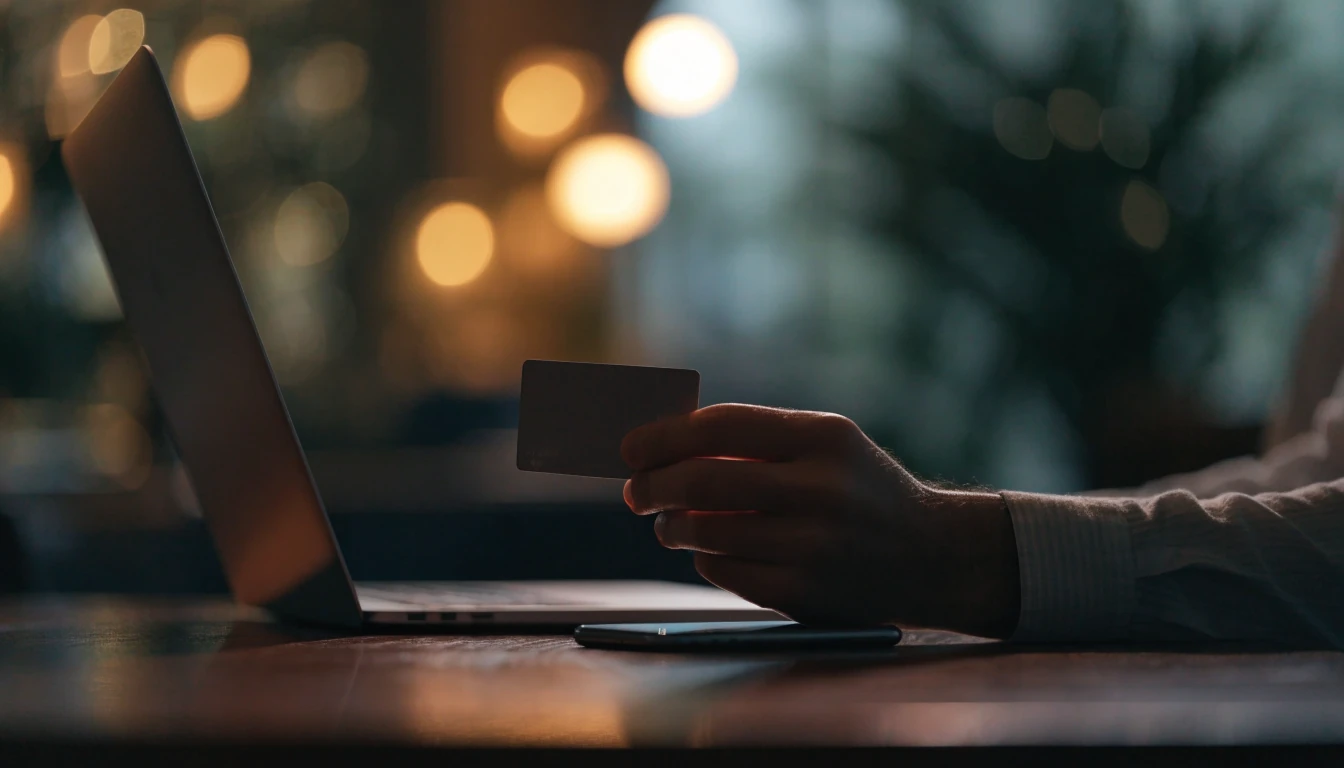 UK debit card payment beside smartphone and laptop in a casino setting