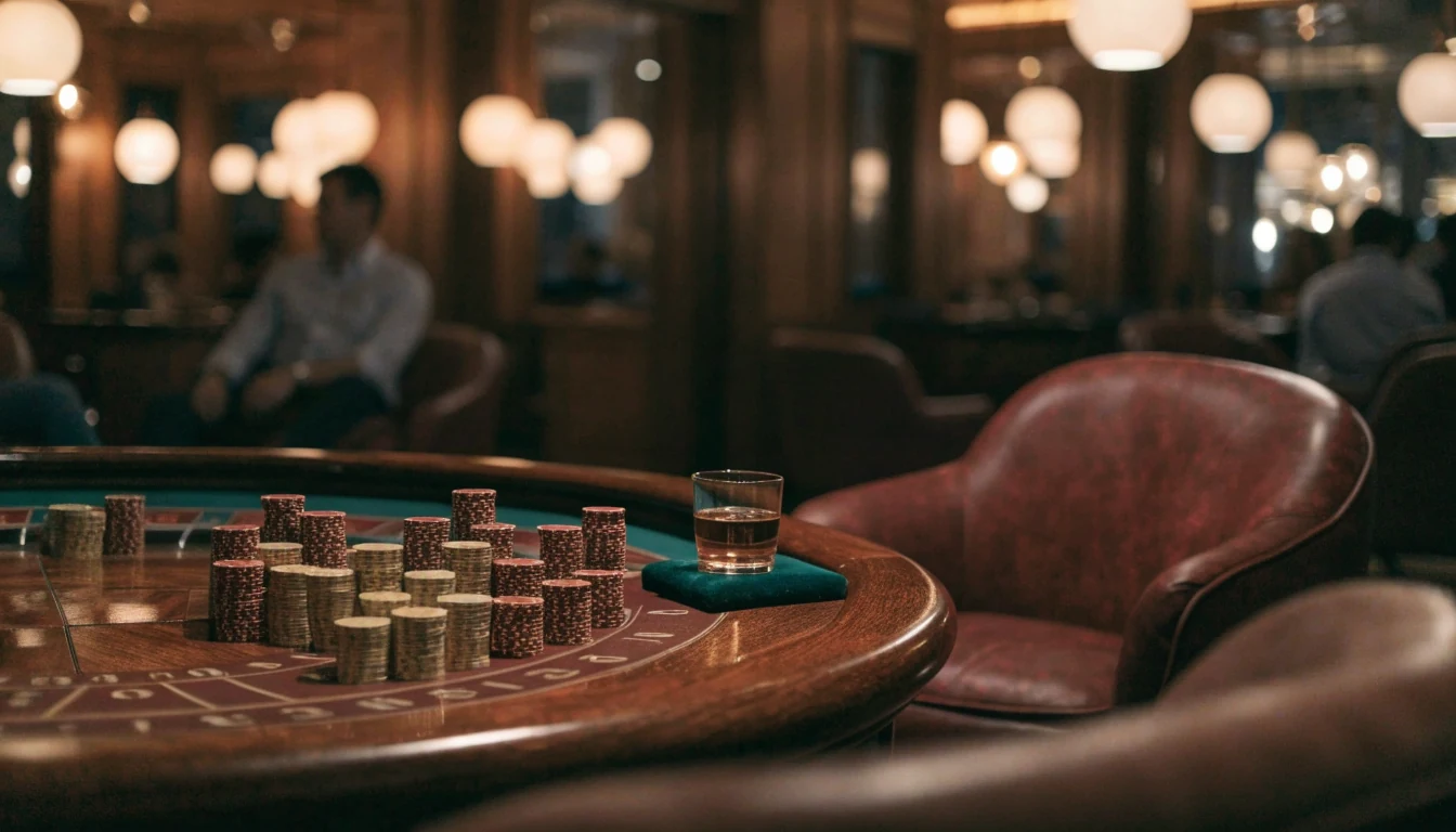 Private VIP lounge in a London casino with a roulette table, chips, and whisky