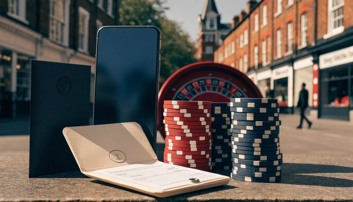 Casino identity-check concept with phone, documents and roulette props