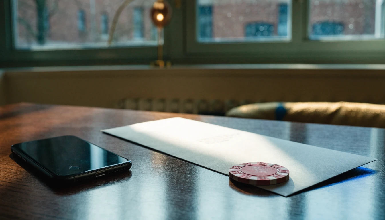 Phone, blank verification envelope and red chip on desk