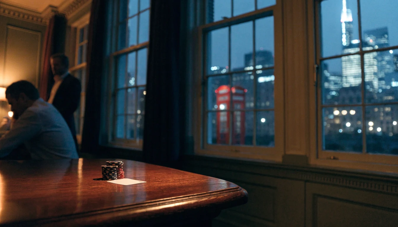 London hotel lounge with casino chips on a wooden table at night