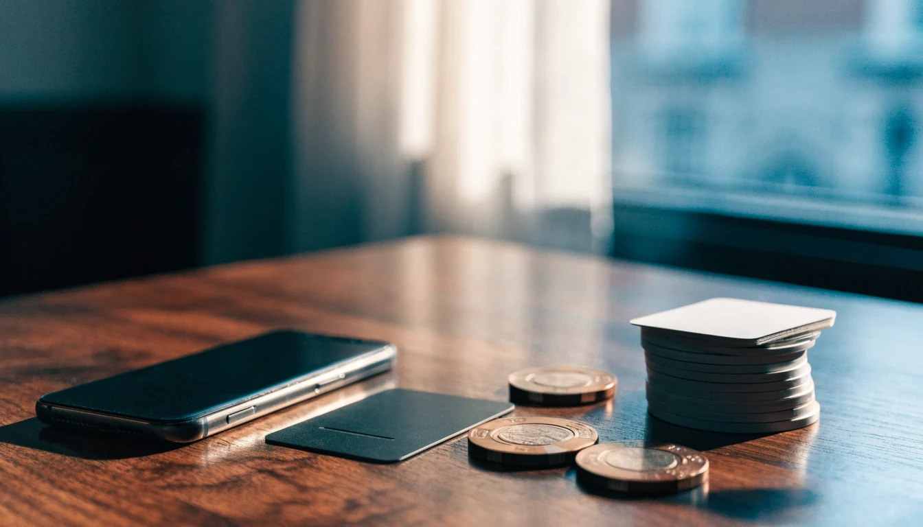 Face-down smartphone, payment card and casino chips on a UK-style table
