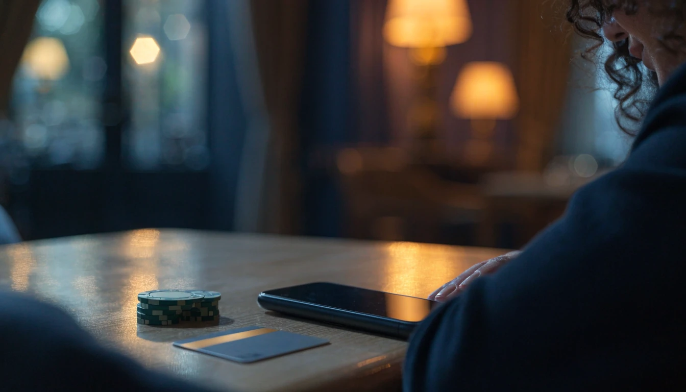 UK gambler making a mobile account payment beside casino chips