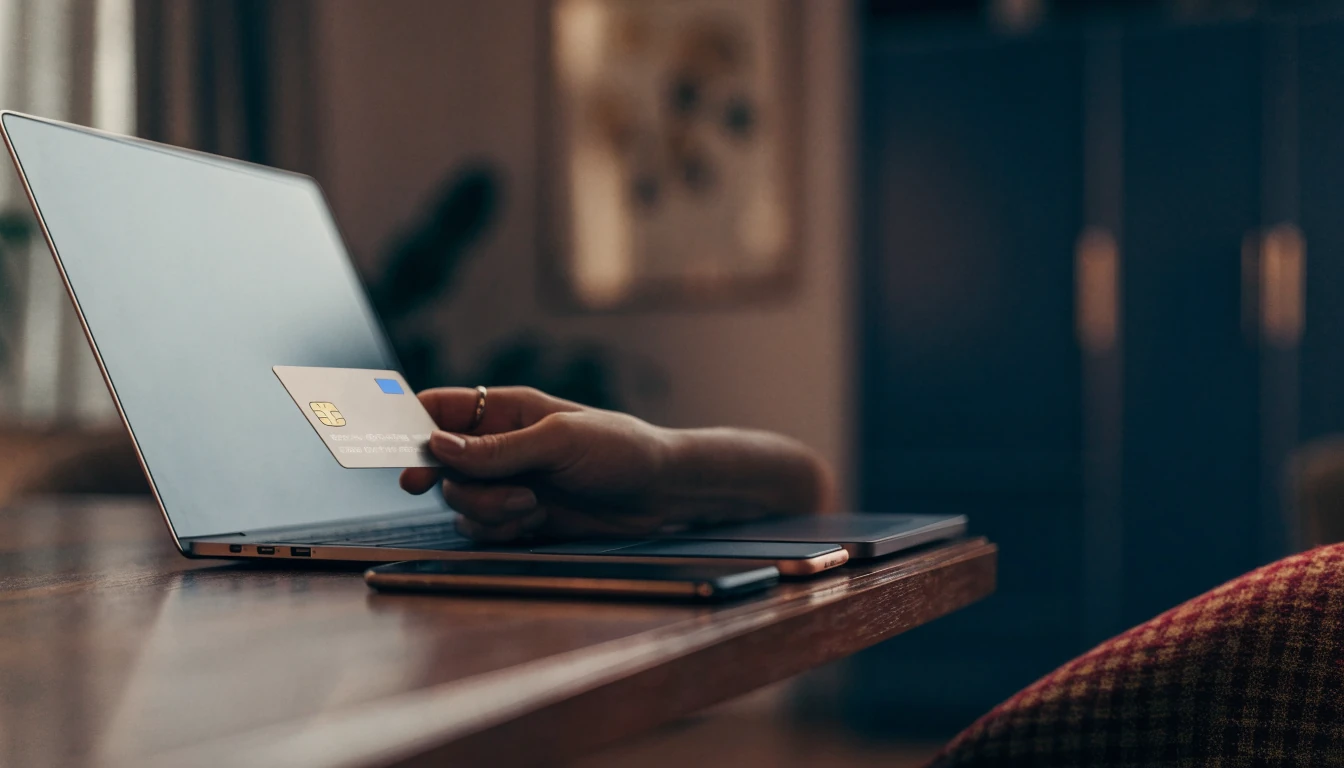 UK debit card beside laptop and smartphone in a refined setting