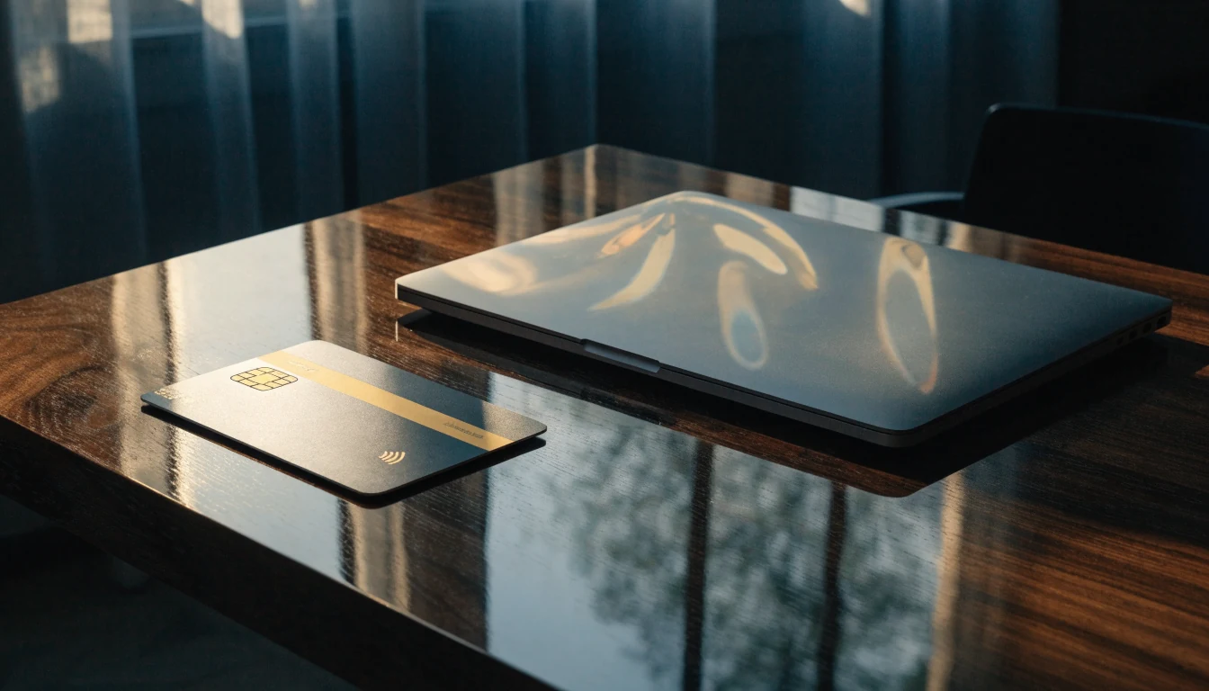 Premium payment card beside a closed laptop in a UK casino review setting