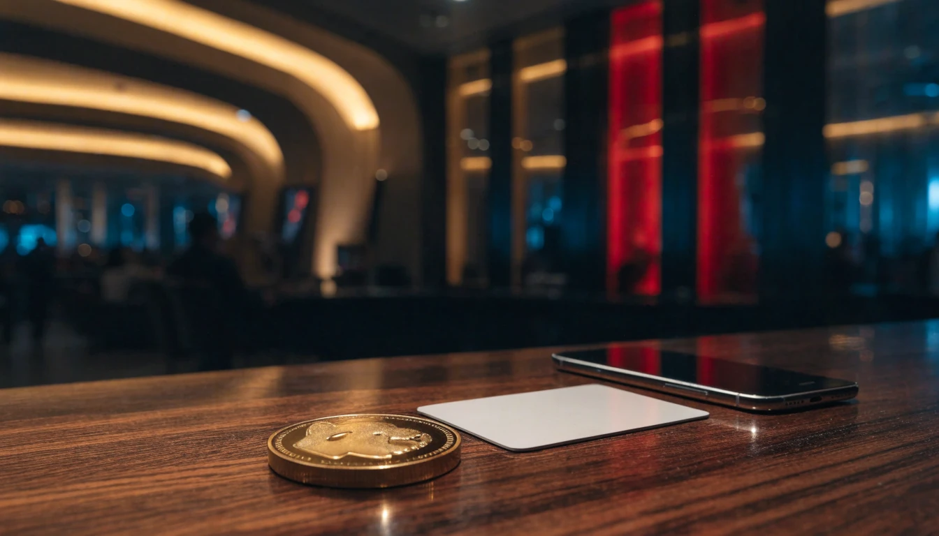 Dogecoin-style coin beside payment card at a UK casino cashier