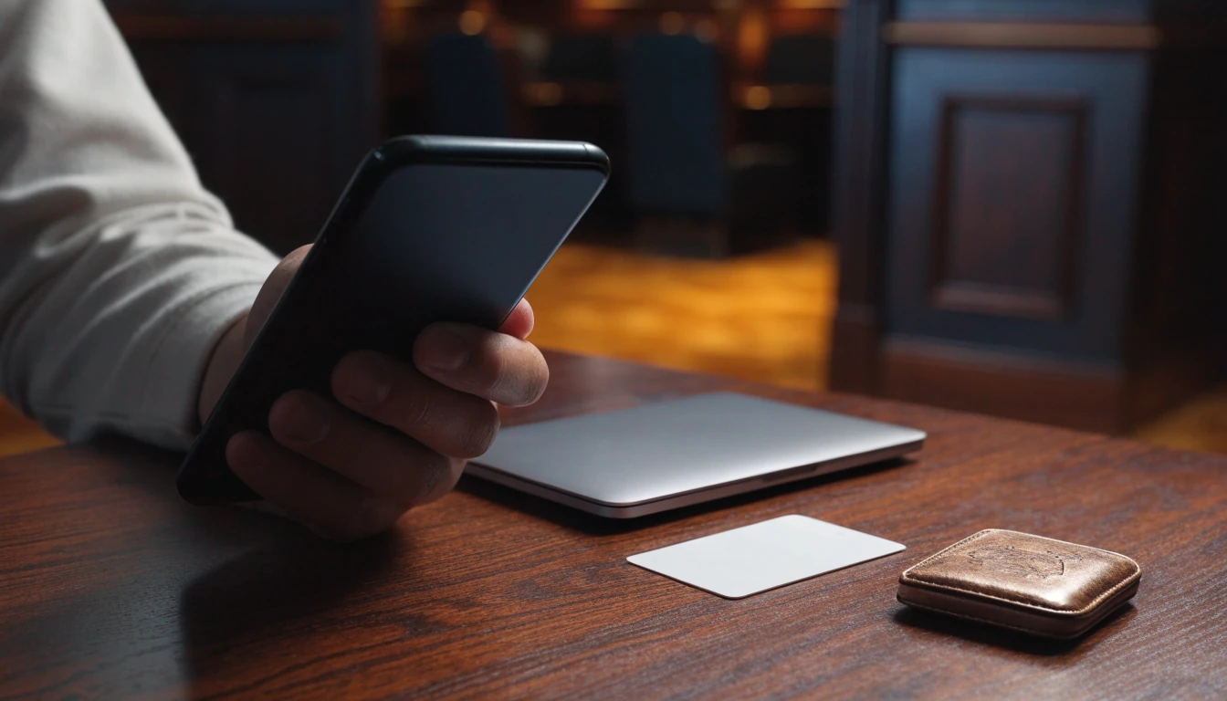 UK e-wallet payment scene with phone, card, and laptop