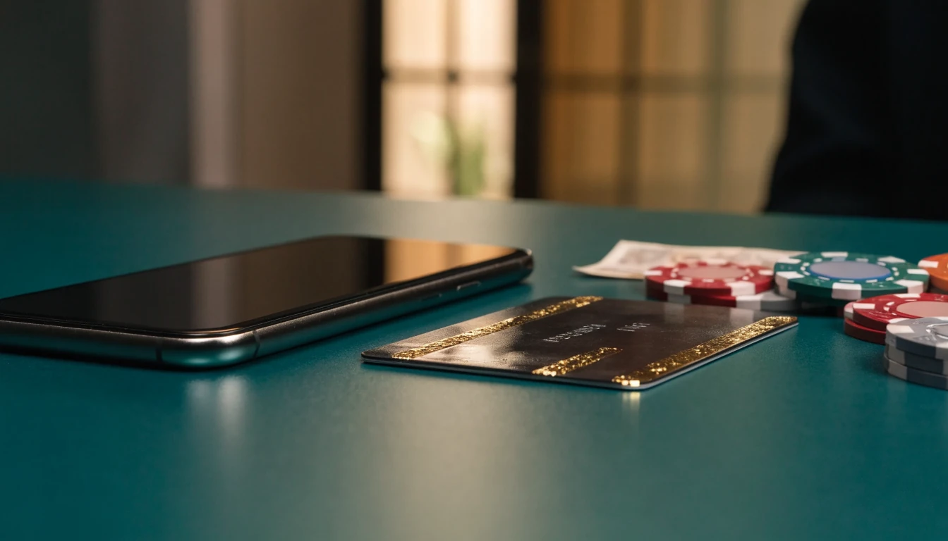 Payment card and casino chips beside a turned-away smartphone
