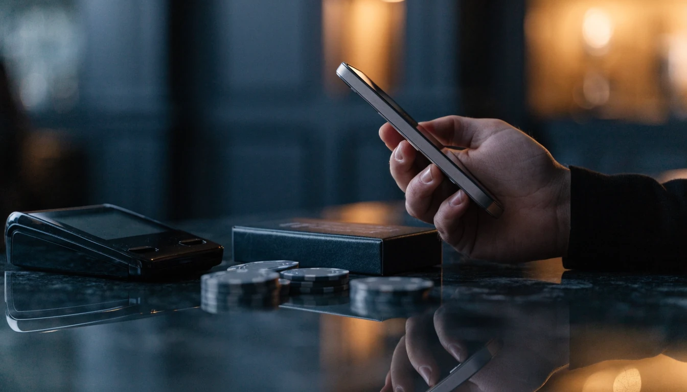 Concealed smartphone, payment terminal, and casino chips on an elegant counter