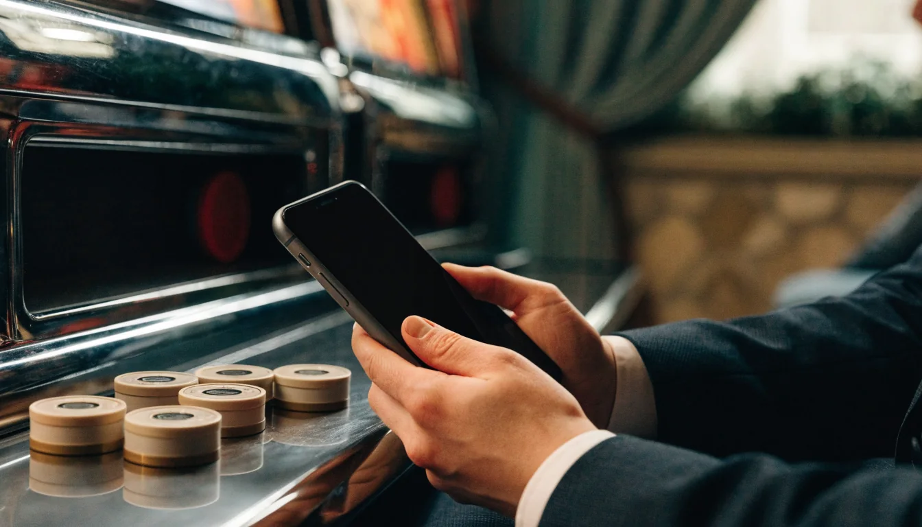 UK casino player using a discreet smartphone payment route beside gaming tokens
