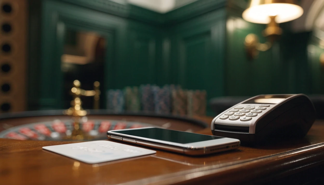 Dark UK casino lounge with a generic payment card and screen-off smartphone