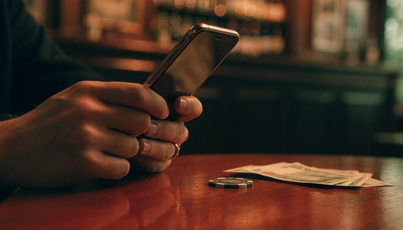 Hands holding a smartphone near poker chip and pound notes on a wooden table
