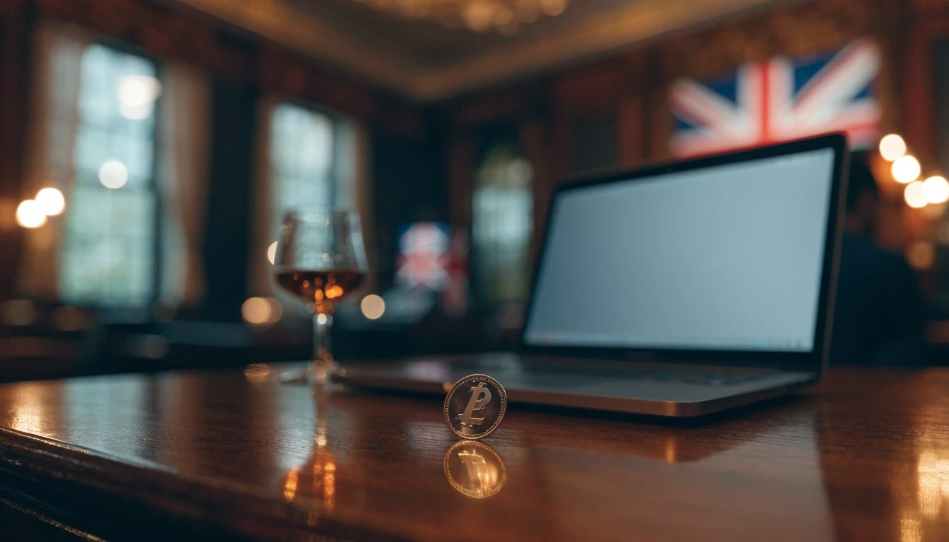 Litecoin coin on a casino table beside a closed laptop in a UK lounge setting