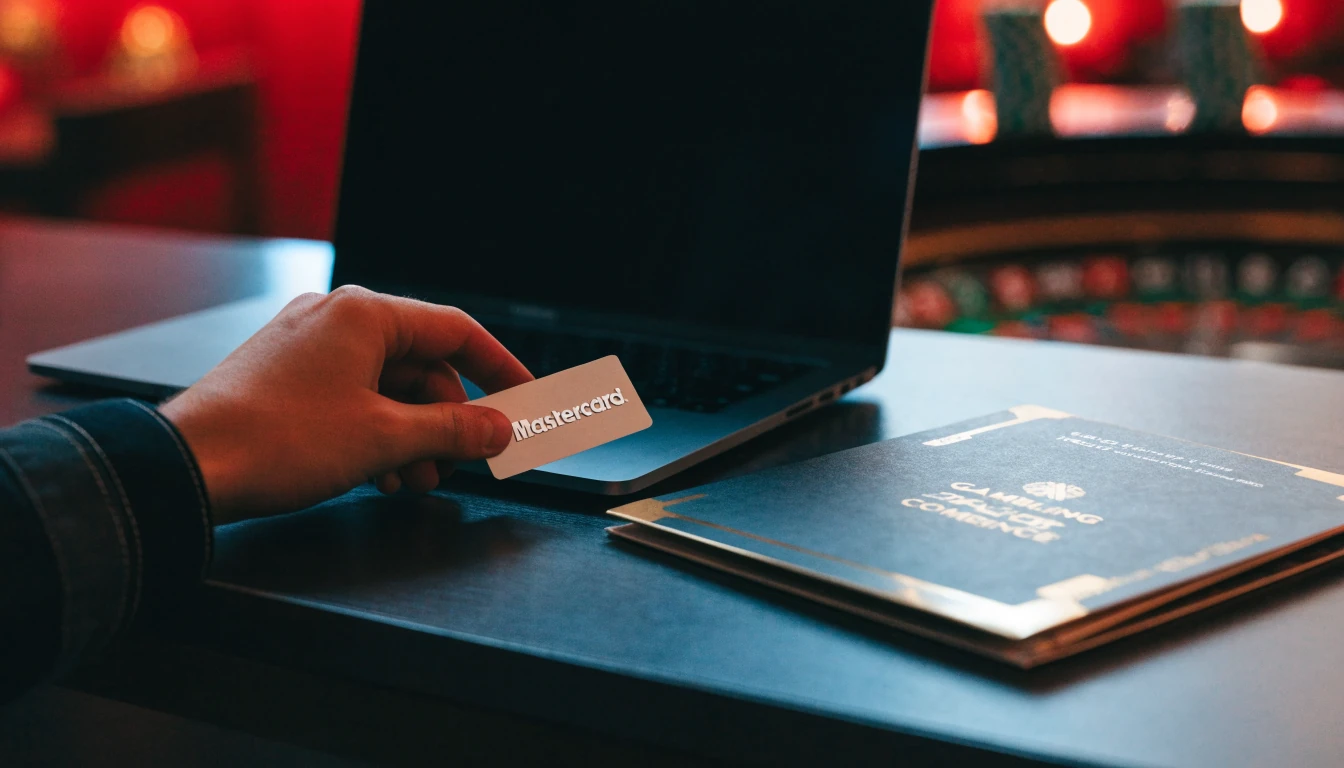 Mastercard payment card beside a closed laptop in a UK casino setting