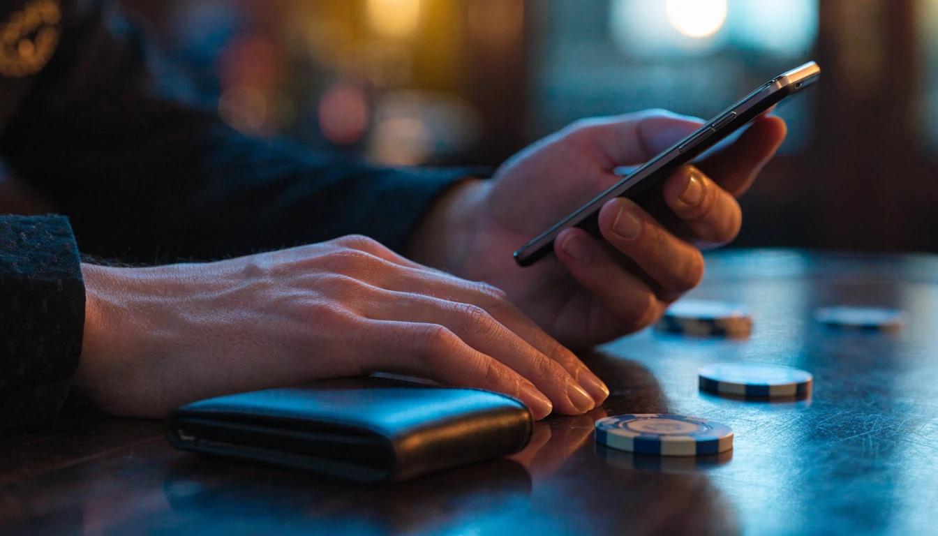 Phone, wallet, and casino chips on a table