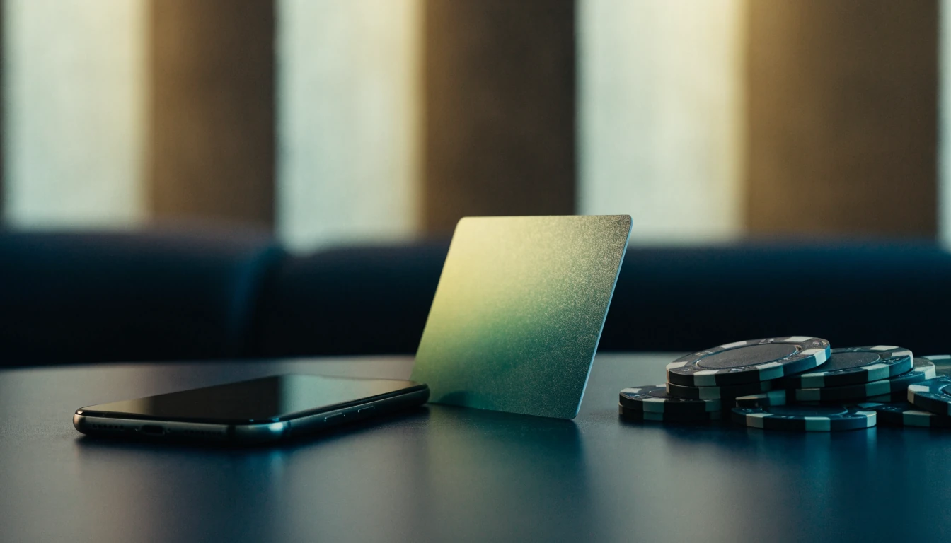 Face-down smartphone, UK payment card and casino chips on a table
