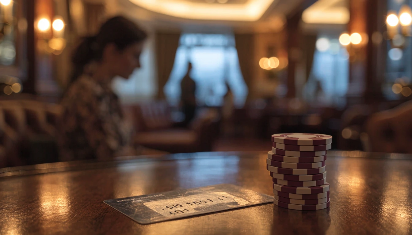 Neosurf voucher and casino chips on a polished table in a UK gaming lounge