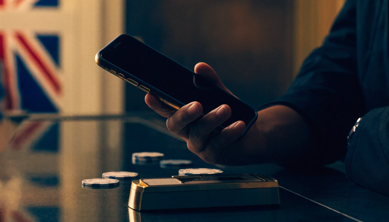 Smartphone payment beside casino chips in a premium UK setting