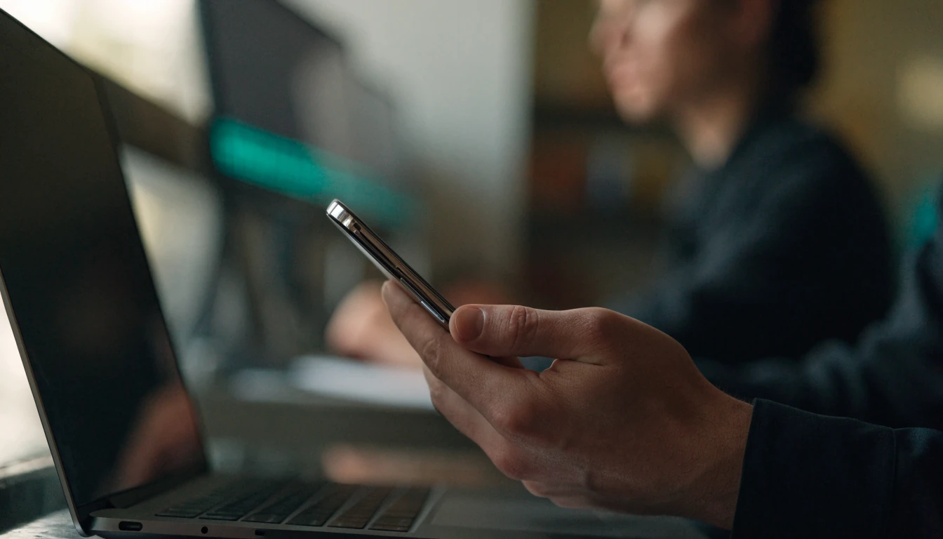 Adult checking a smartphone beside a neutral online casino cashier