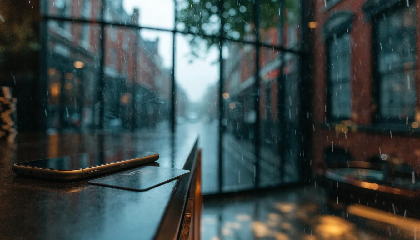 Casino cashier counter with phone, payment card, chips, and rainy London backdrop
