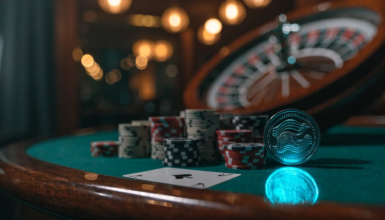 Glowing cryptocurrency coin, stacked poker chips and a playing card on a dim casino table.