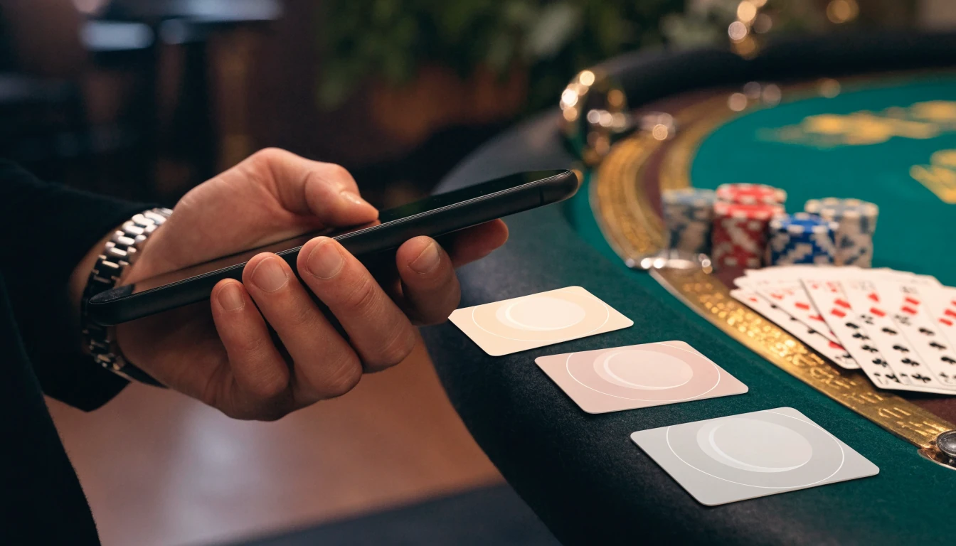UK player using a smartphone beside cards and casino chips