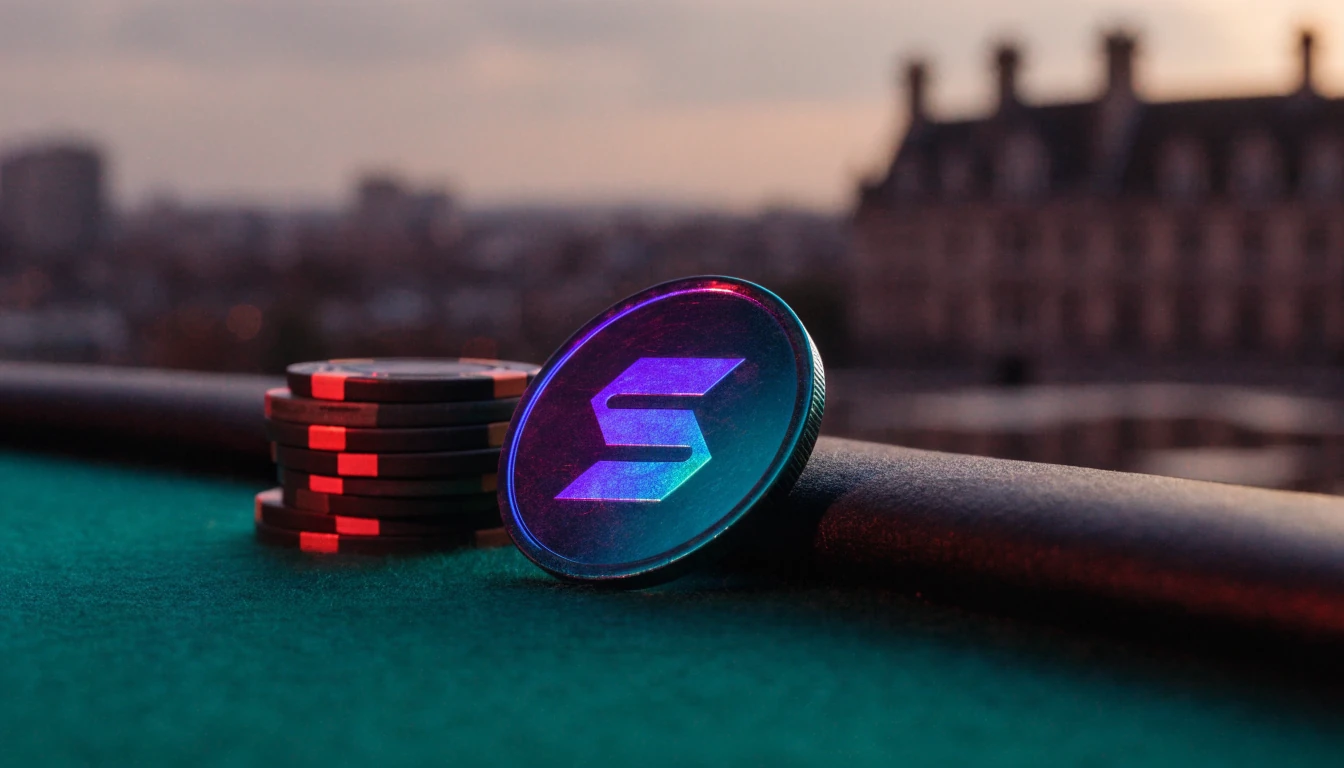 Solana coin on green casino table with London skyline at dusk