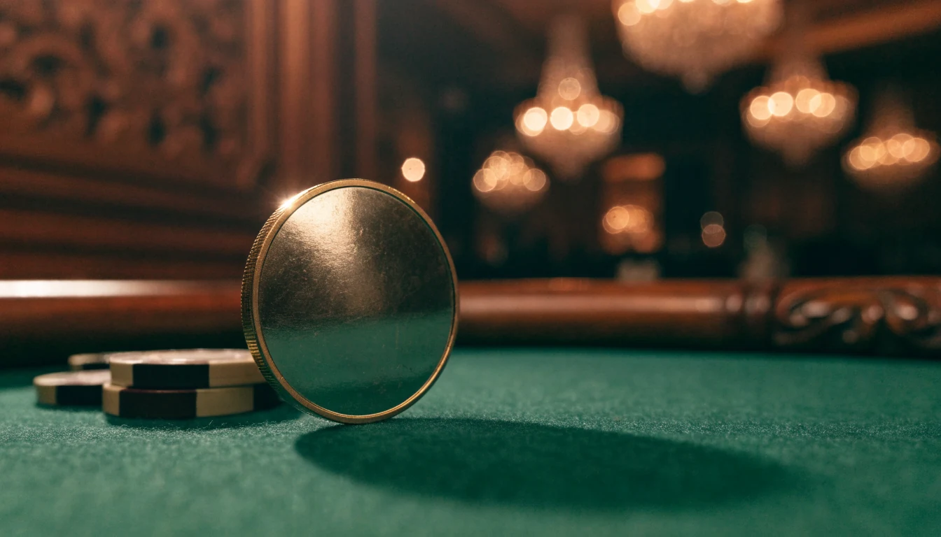 Gold Tether cryptocurrency coin on a green casino felt with stacked chips, British casino interior background.