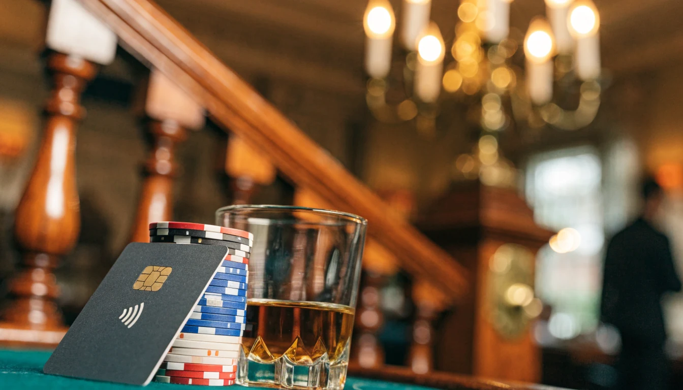 Contactless debit card and casino chips on green felt table in an elegant British casino