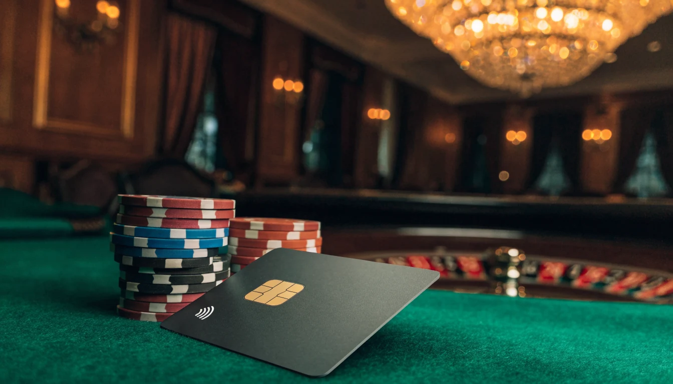 Premium payment card on green casino table with chips and roulette wheel