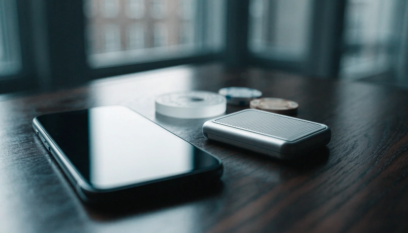 USDC token, hardware wallet and phone on casino table