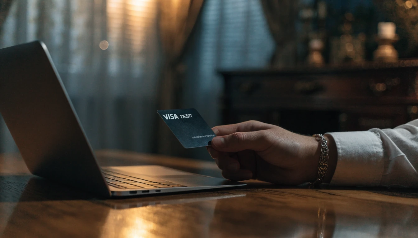 Visa debit card beside a blank laptop in a refined UK setting