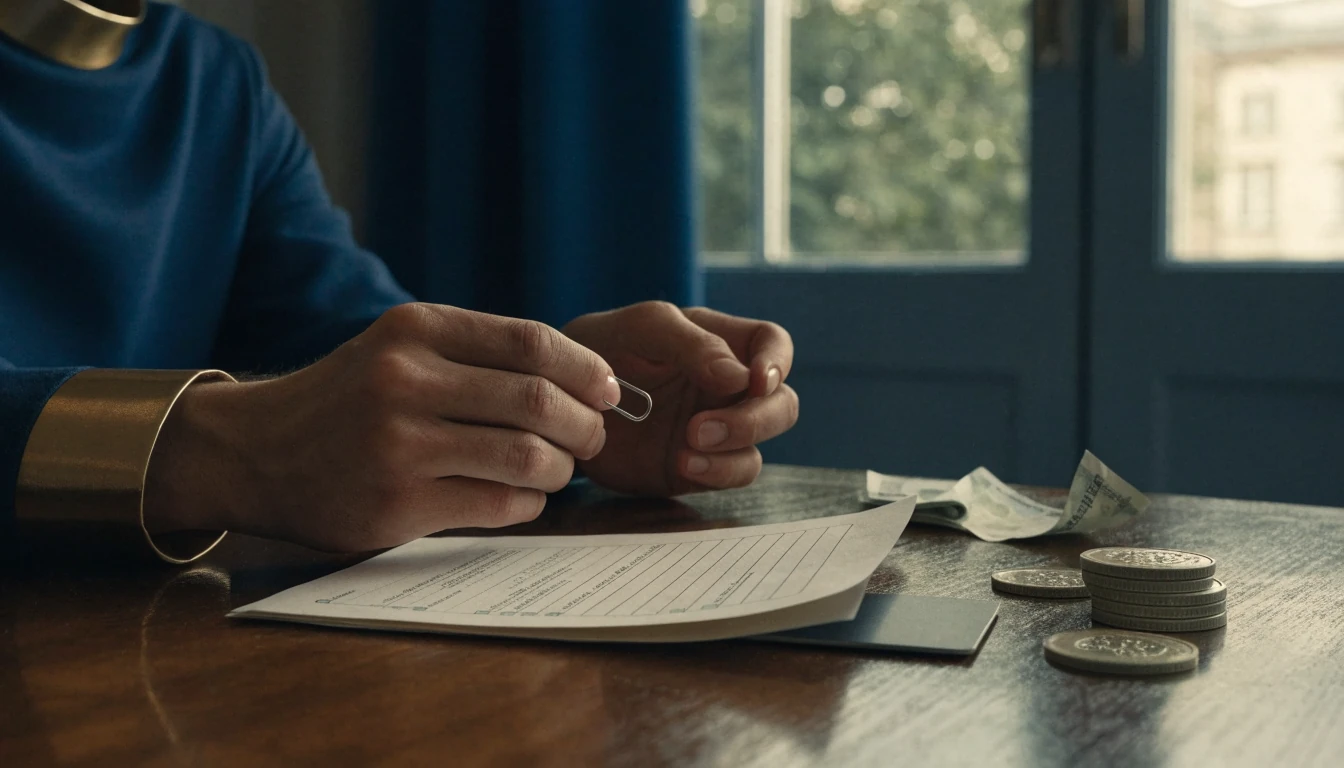 Player checking deposit terms beside casino tokens and a payment card