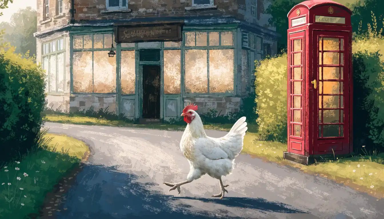 A white hen crossing a British country lane near a vintage betting shop and red telephone box.