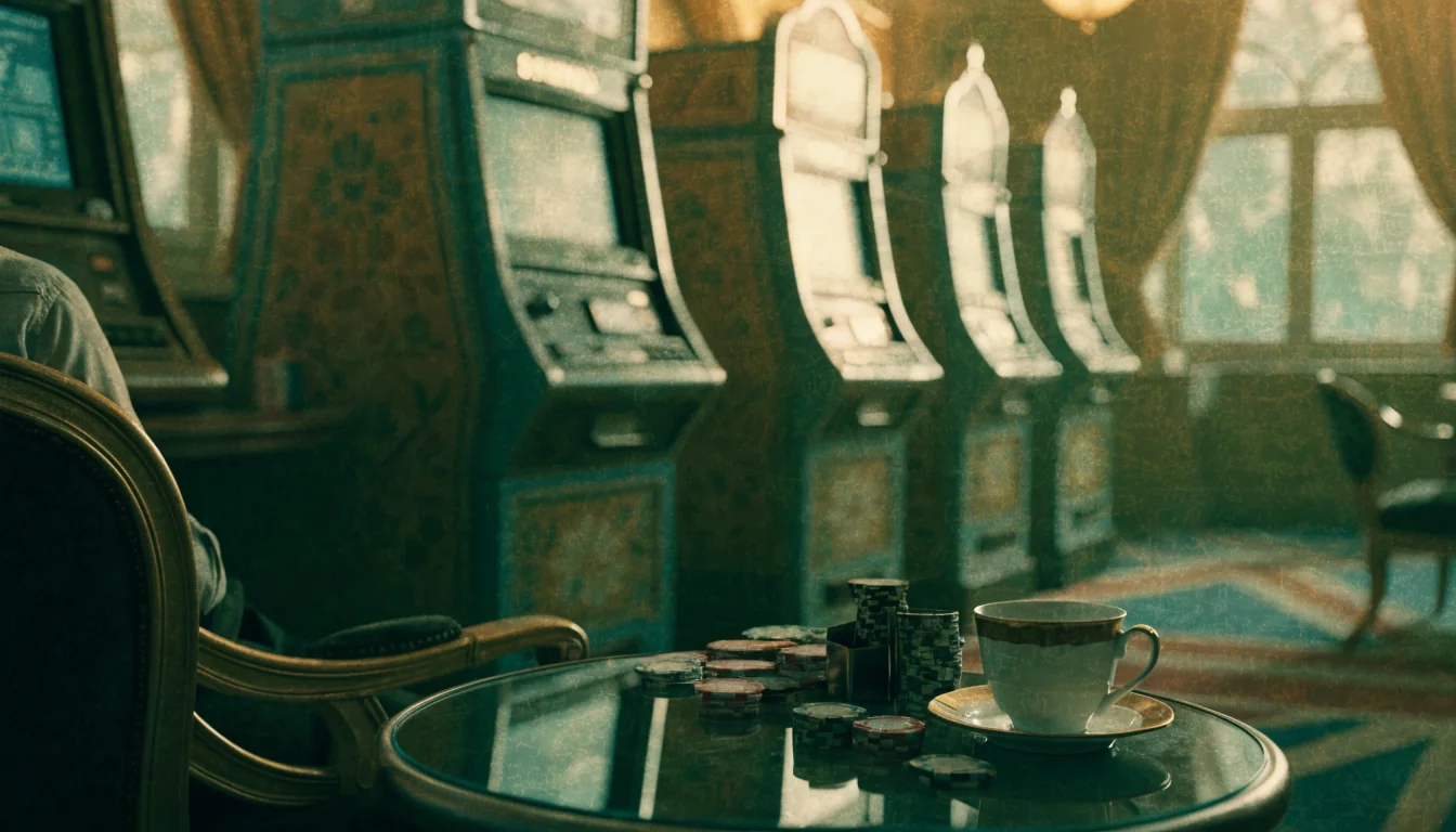 British casino lounge with classic slot cabinets, chips, and teacup