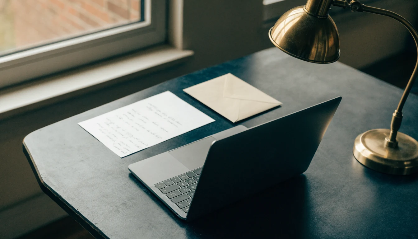 Quiet editorial desk with closed laptop, envelope and handwritten note