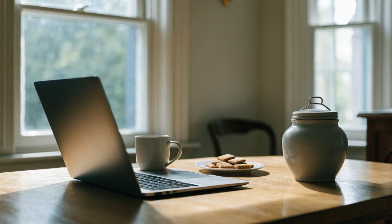 Cookie jar beside a laptop in a bright British kitchen