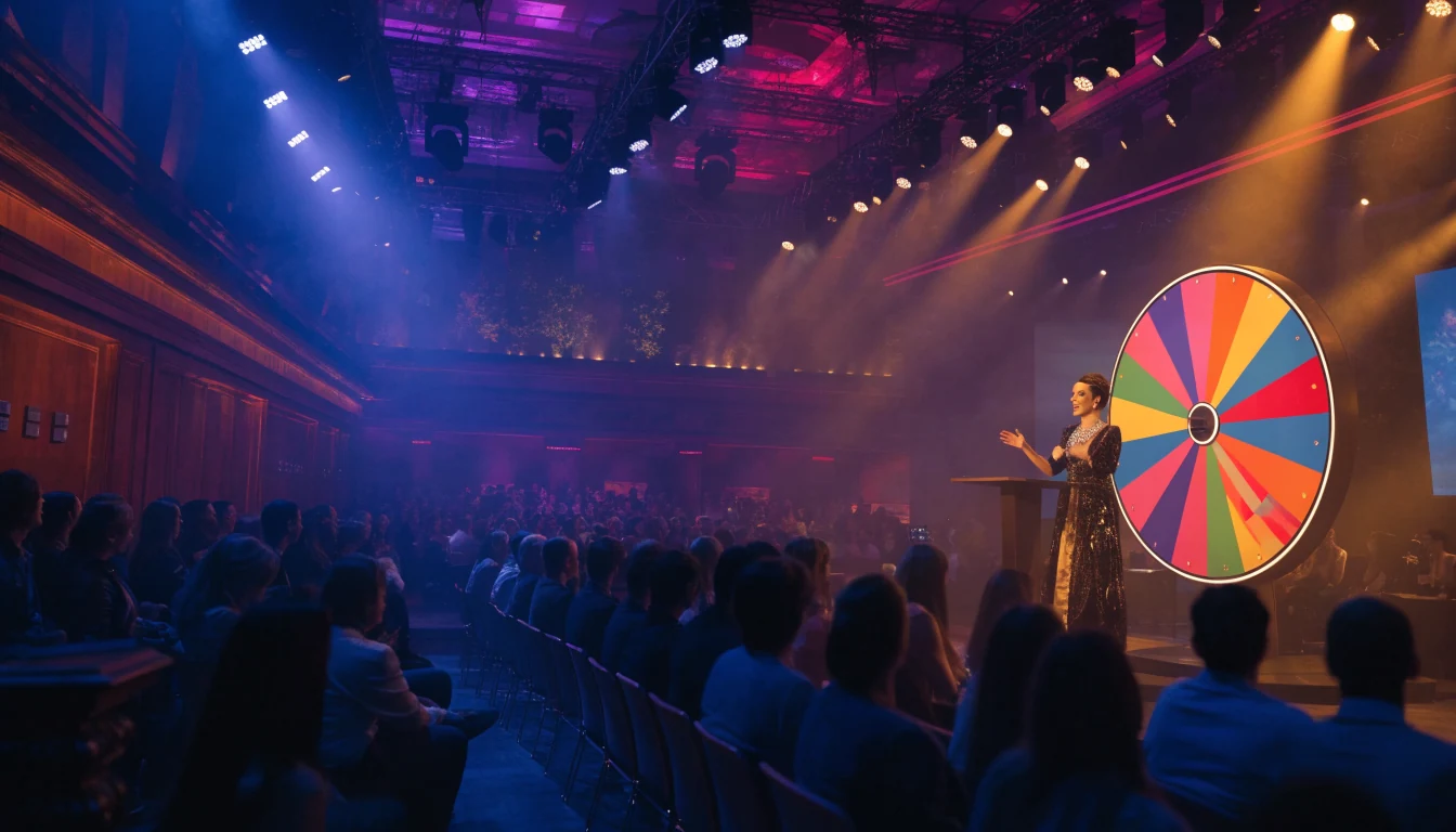 Energetic British live casino show with presenter and colourful prize wheel