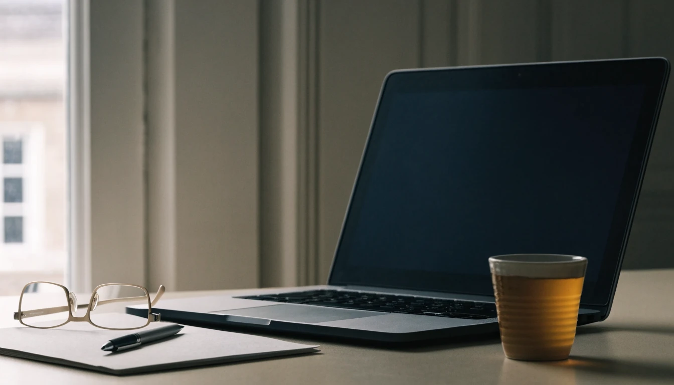 Closed laptop and reading glasses on a tidy British office desk